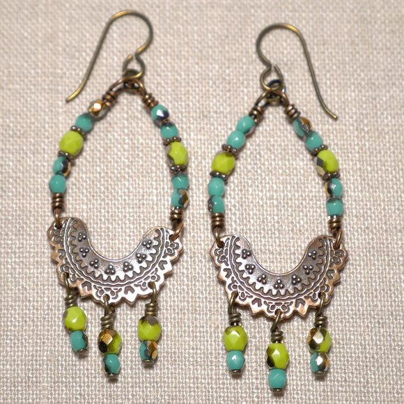 Hand Crafted Handmade Earrings Turquoise and Lime Copper Chandelier Earr… - Picture 1 of 5